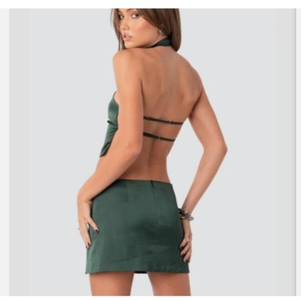 Edikted Daina Satin Effect Crop Top Olive Green Halter Festival Rave Small